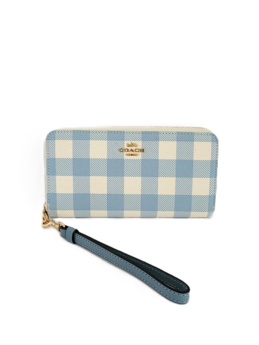Coach CFA13 Long Zip Around Wallet Jacquard Gingham Print Wristlet Blue Multi